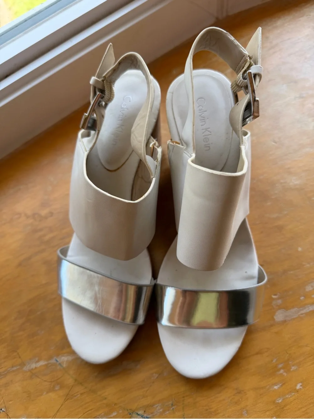 Calvin Klein Ivory and Silver Cork Wedge Sandals